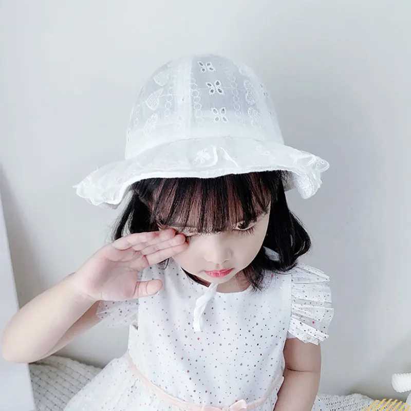 White Flower Princess Baby Fisherman Hat Lace Ruffle Infant Basin Cap Cotton Hollow Breathable Girl Visors 6-24M Toddler Sun Hat R250512