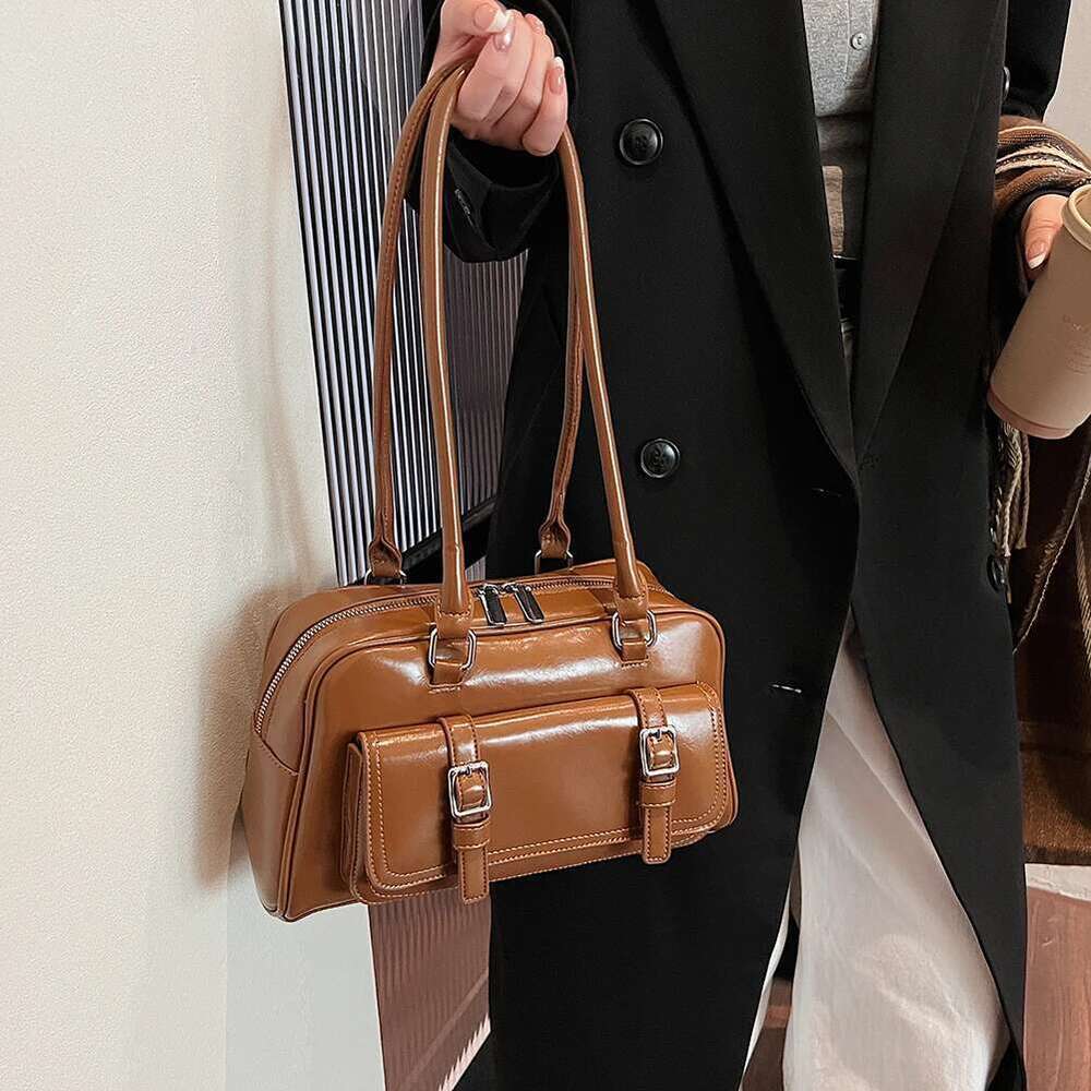Shoulder Women With Multi-Pockets Boston Tote PU Leather Solid Underarm Bag Zipper Handbag For Work Travel