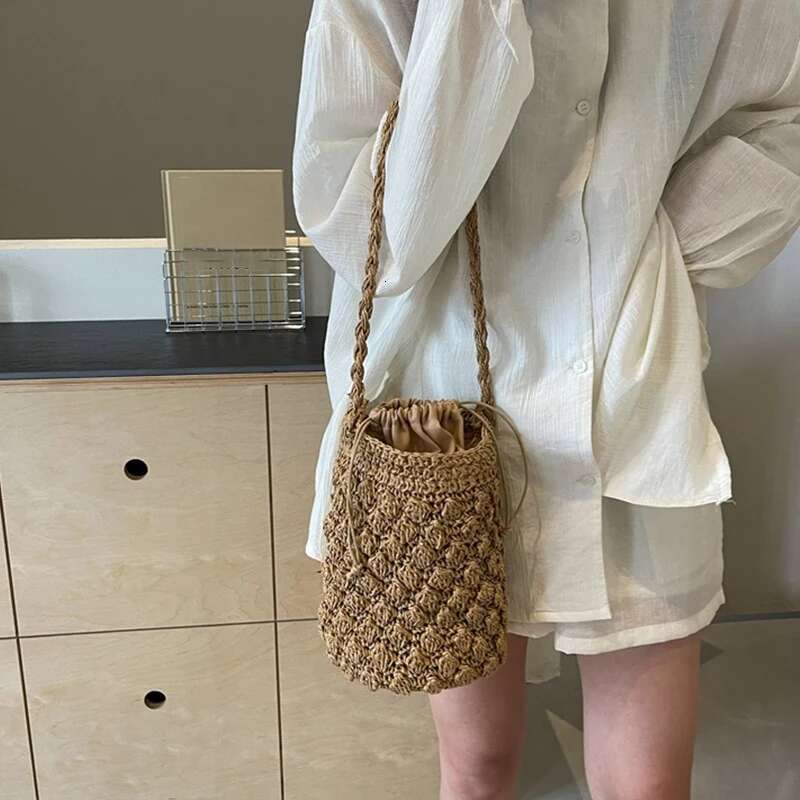 Handmade Woven Bucket For Women Bohemian Shoulder Bags Knitted Summer Straw Beach Bag Female Round Cut Out Handbags