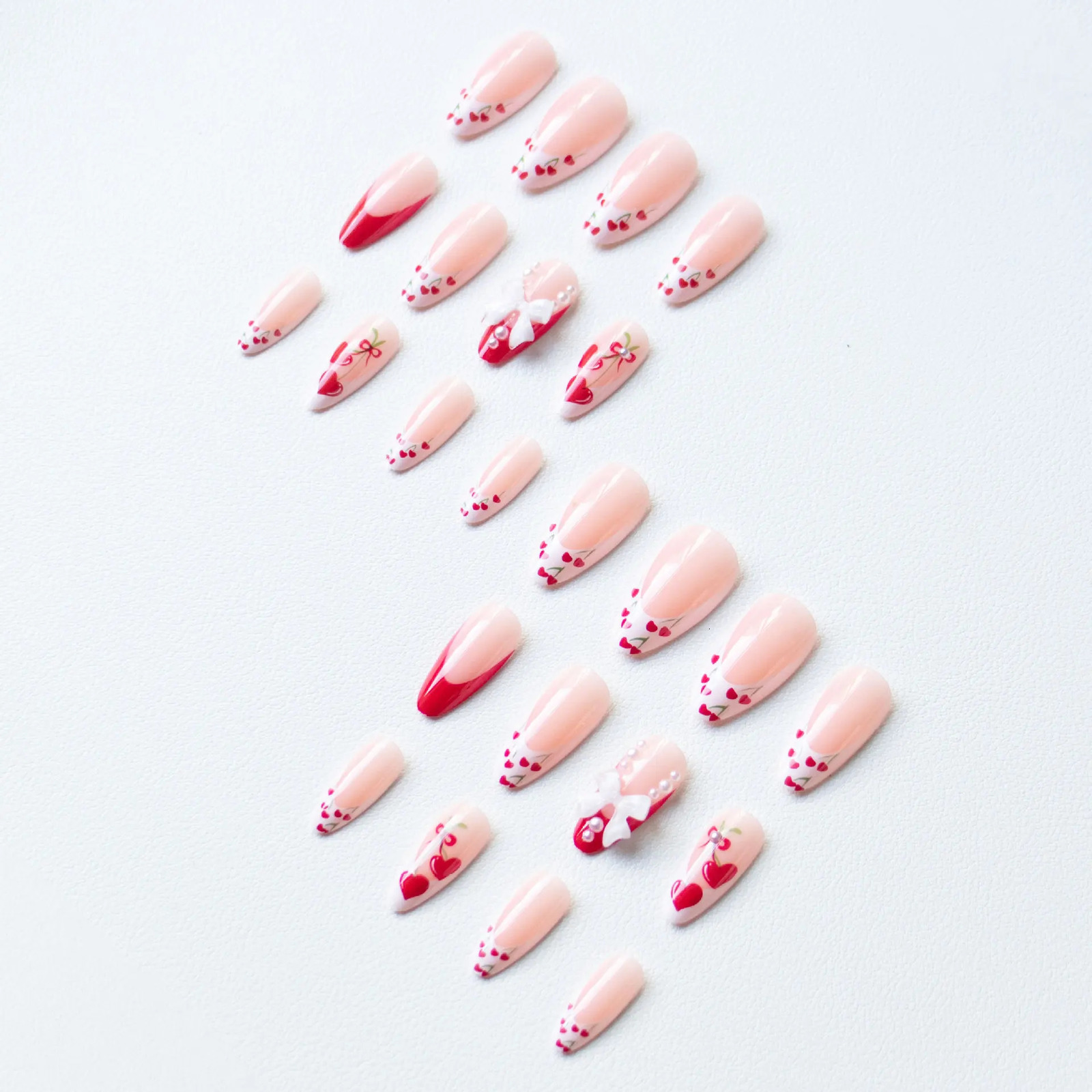 24pcs French Cherry False Nails 3d Bow Pearl Sweet Style Nail Tips Full Cover Wearable Press on Valentines Day Gift 250513