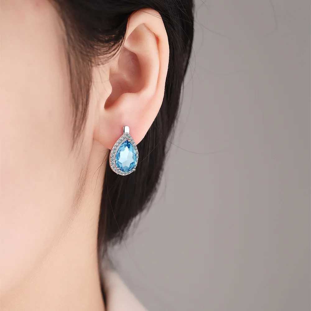 Ins Pear Cut Blue Black Green Red Zircon Hoop Earrings For Women Silver Color Small Ear Buckle Wedding Party Versatile Jewelry Y250510