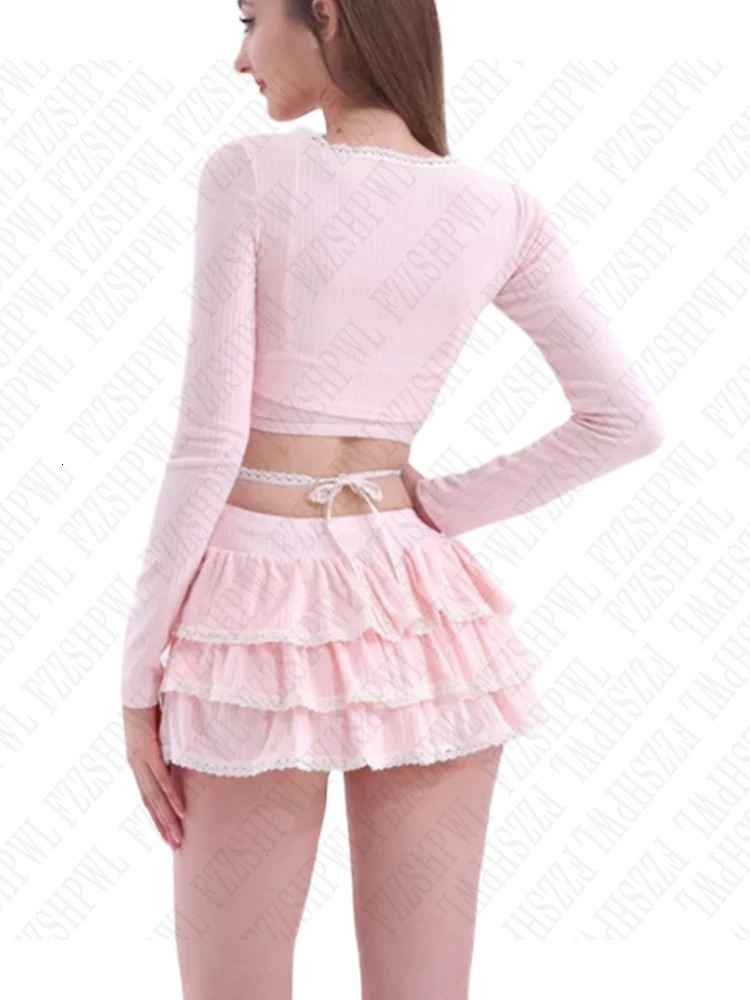 Sweet Pink suit Aesthetic Cute Bow Sexy lace Long Sleeve Crop Tops Harajuku Emo Girls Y2K Mini Skirt Fashion womens Streetwear 250513