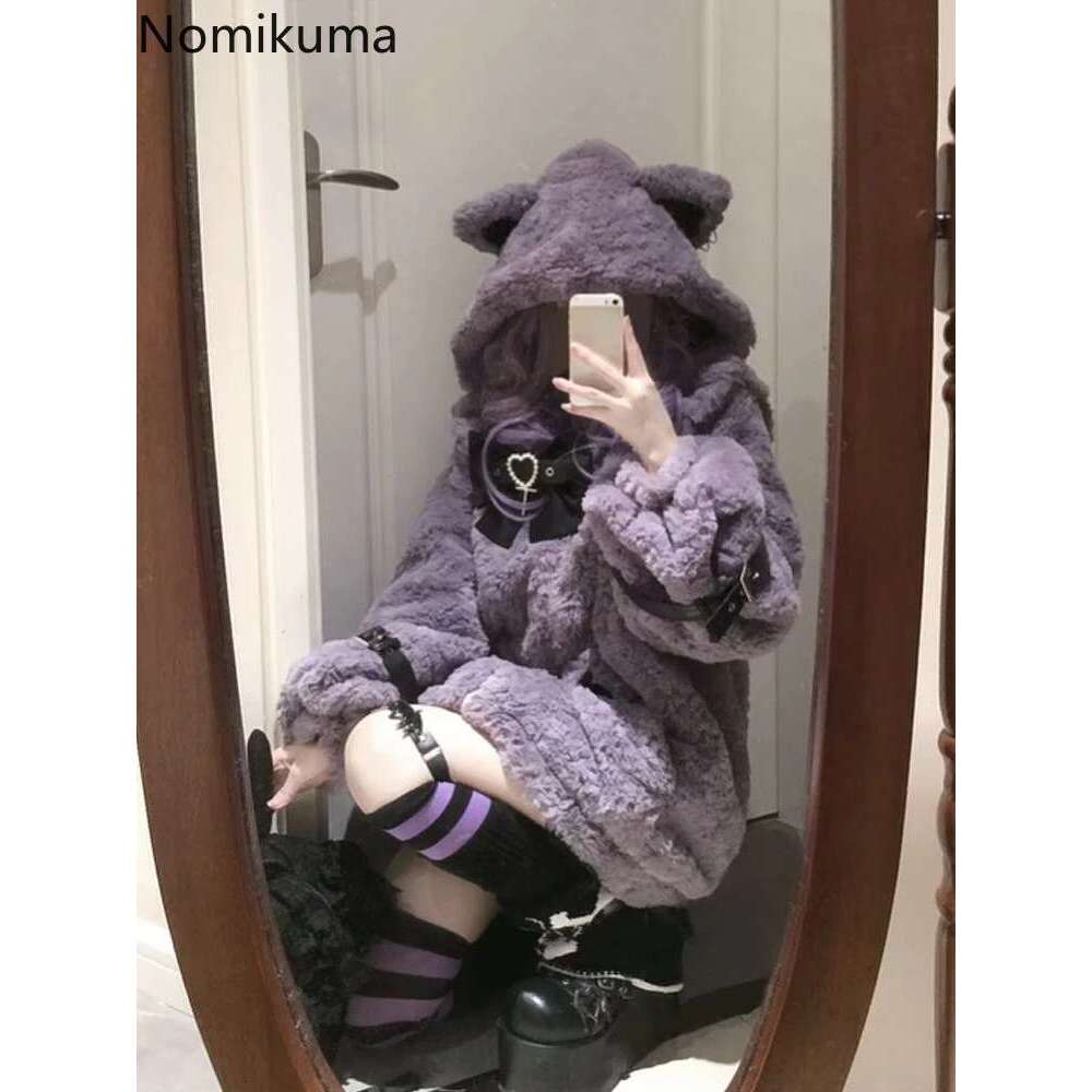Japanese Women Clothes Furry Cat Ear Hooded Coat 2025 Ropa Mujer Thicked Warm Outwear Y2k Tops Casual Fashion Oversized Jackets Designer