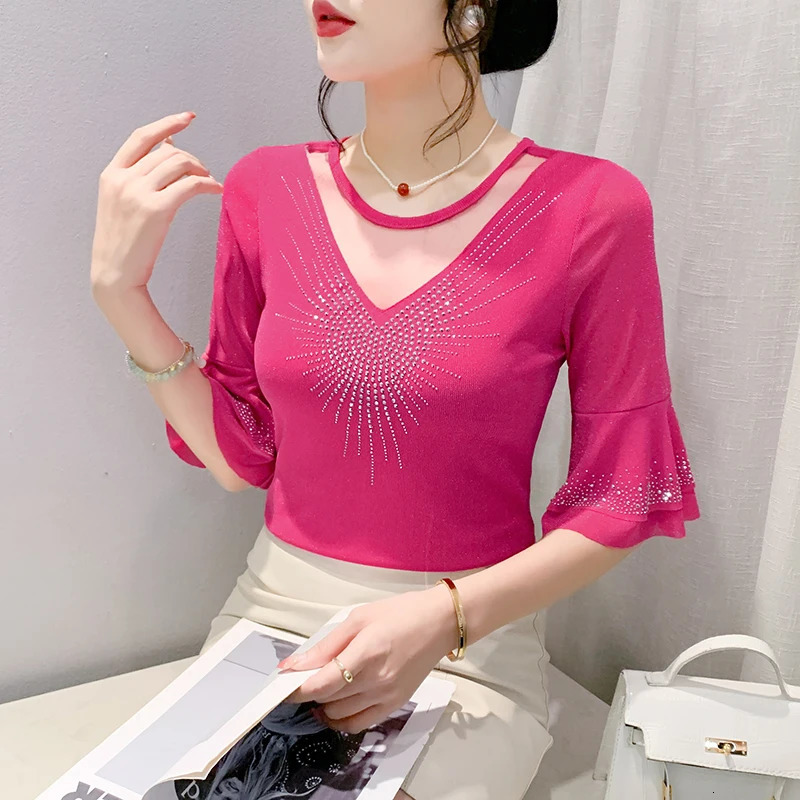 Spring Summer Mesh Tops Korean Fashion Diamond T Shirt Slim 34 Sleeve Hollow Out Casual Women 250513