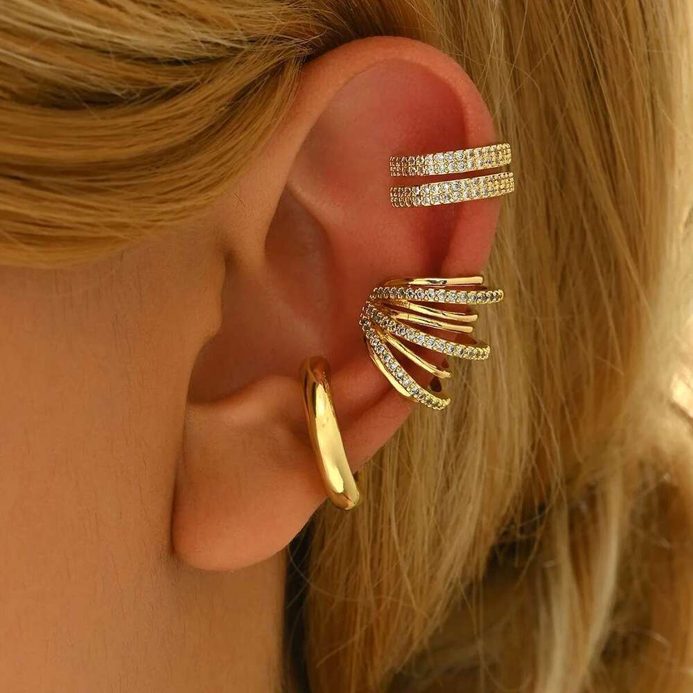 3Pcs Gold Color Zircon Earrings For Women New C Cuff Non-Piercing Ear Clip Set Trend Jewelry Gift