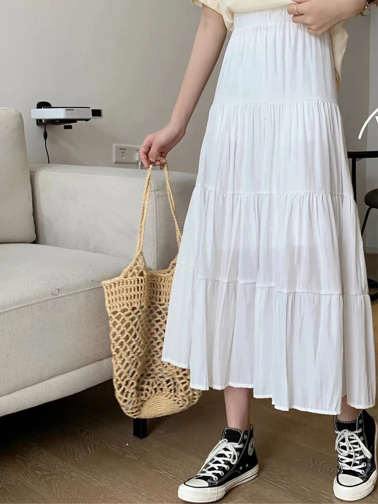 Spring Summer Women Chiffon Skirts Vintage High Waist Elastic Patchwork White Black Chic Long Cake A-line Skirt for Student 250513
