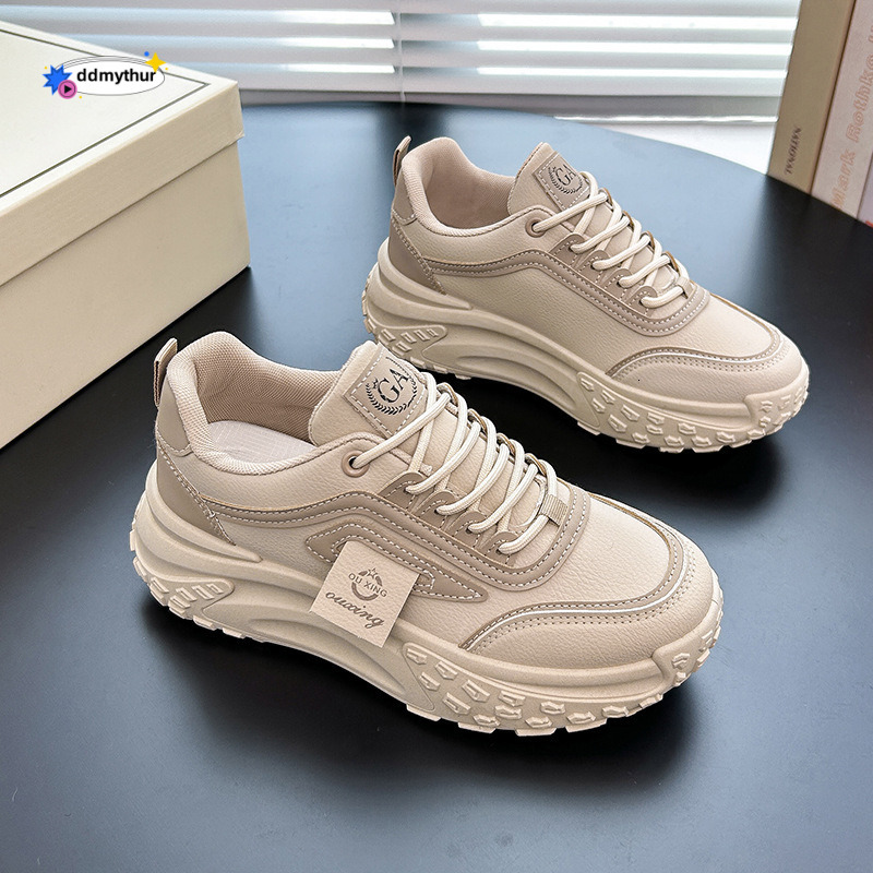 Show off little dad 2024 new spring leather waterproof casual sports thick soled mesh shoes for women ddmythur