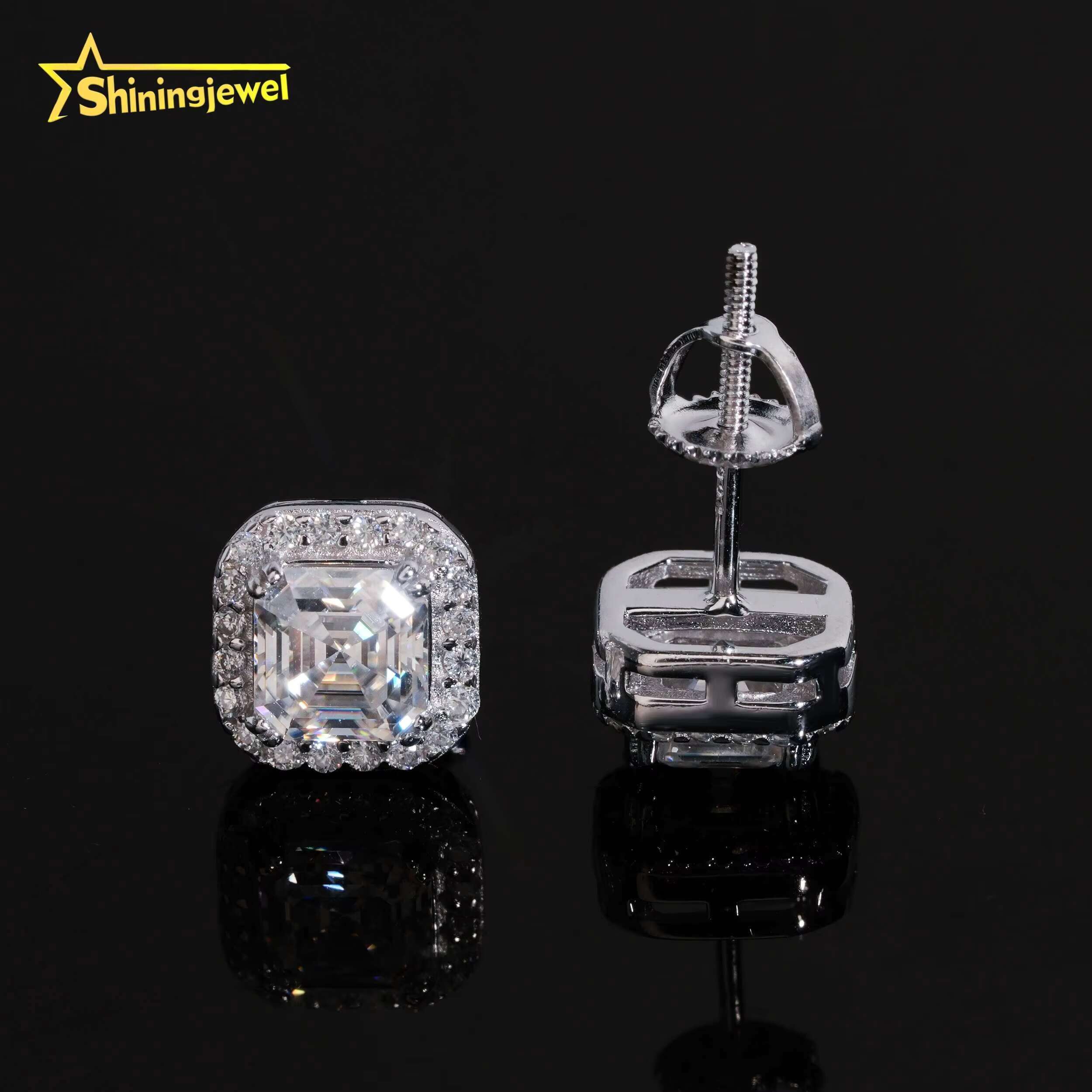 Hip Hop Jewelry Screw Back 925 Silver Halo Asscher Cut 5*5mm Mens VVS Moissanite Earrings