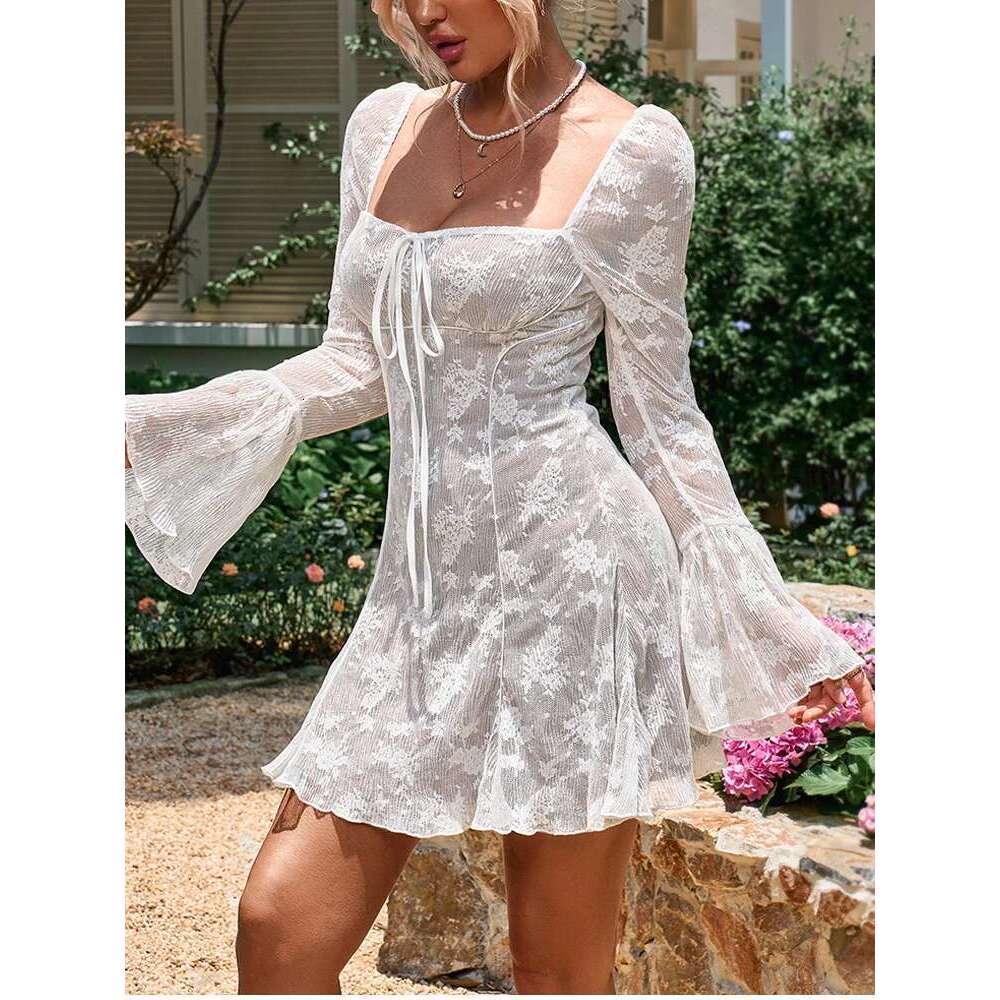 NewAsia Women's Bell Sleeve Square Neck Lace Mini Dress Backless Tie Up Autumn Fashion Holiday Party Short Dresses White