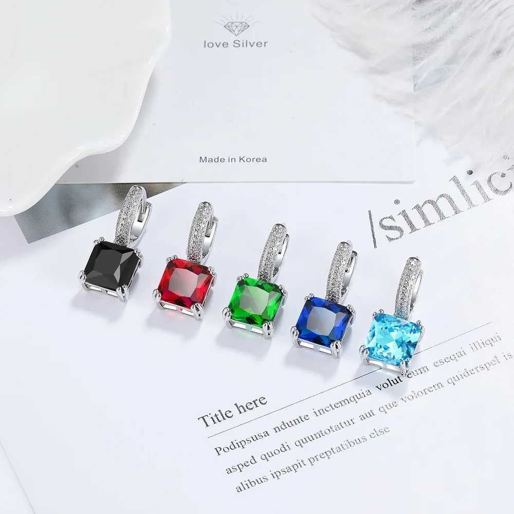 Square Princess Cut Red Created Ruby 925 Sterling Silver Hoop Earrings for Women Colorful Gemstone Earrings Huggies Y250510