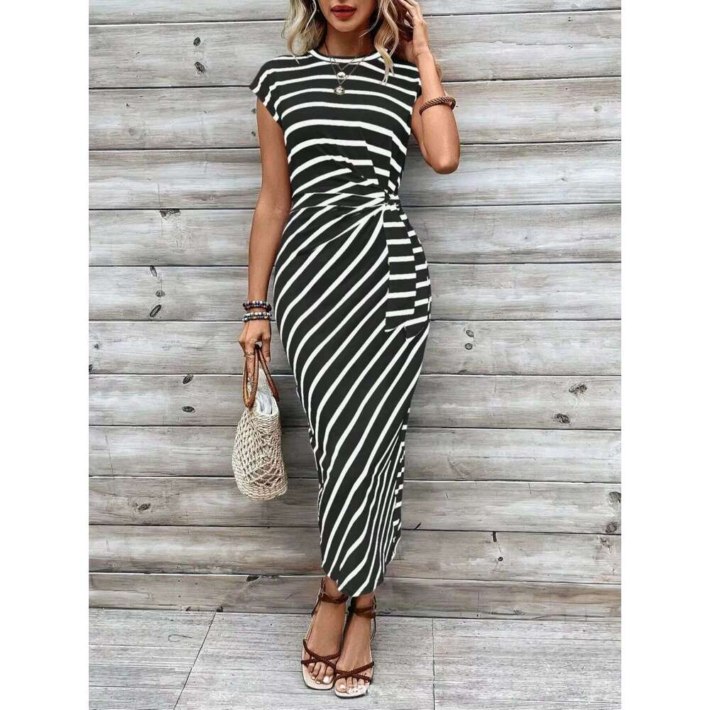 Women Clothes Dress Elegant Temperament Waist Strap Striped Round Neck Short Sleeved Long Dress Summer High End Women S Clothing KQ