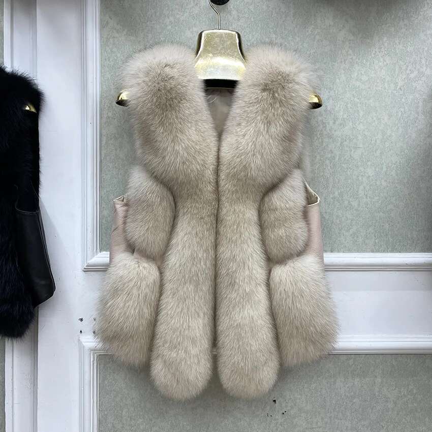 2024 New Autumn Winter Warm Women's Coat Natural Real Fox Fur Vest Thick Mid Length Waistcoat Female Jacket Streetwear