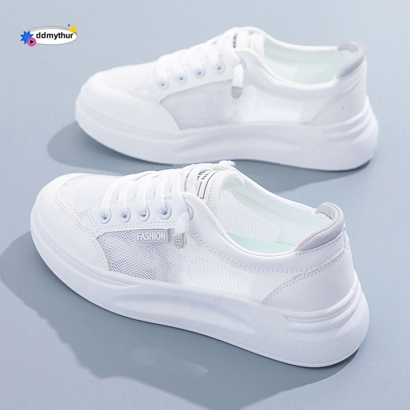 White for women's spring and summer 2025 new style breathable mesh versatile thin casual thick soled board shoes ddmythur
