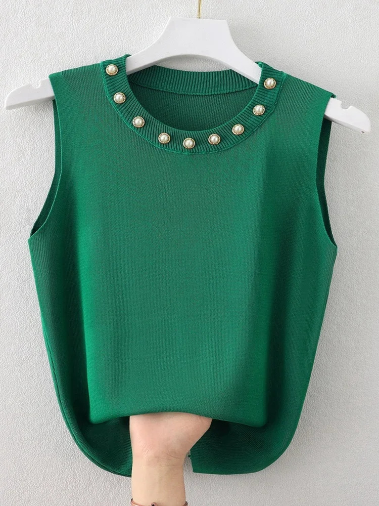 Tank Top with Camisole for Women Round Neck Nail Bead White Stylish Knit Sweater Sleeveless Tshirt Outerwear 250513