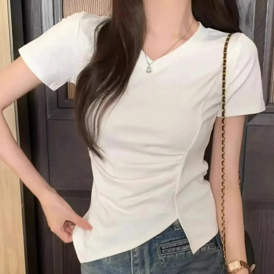 Pink Black Simple Solid Vneck Top Irregular Cinched Waist Slit Short Sleeved Tshirt Crop Wrinkled For Women Clothes Allmatch 250513