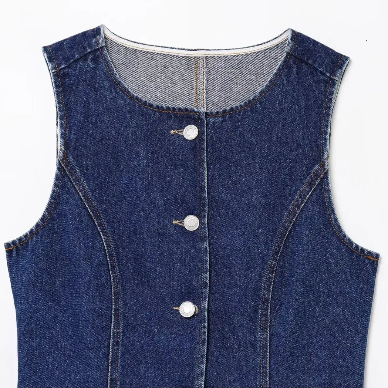 ZBZA Womens Slimming Denim Tank Top Round Neck Sleeveless Single Chest High Waist Solid Pocket Cut Summer Fashion 250506