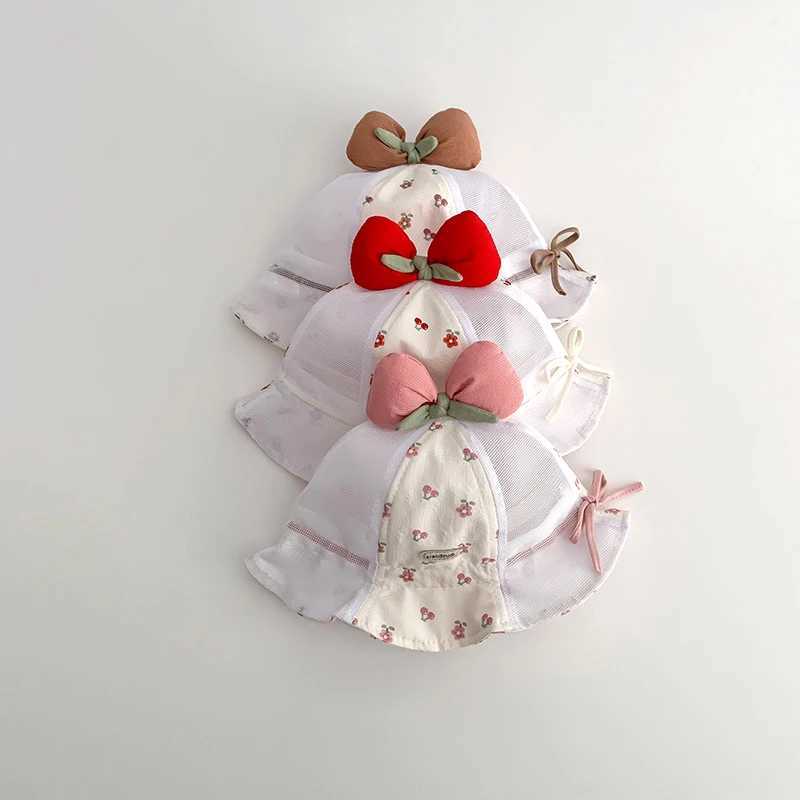 Sweet Bow Baby Fishermans Hat Red Cherry Sunscreen Basin Cap Princess Girl Summer Sun Hats 3-24Month Children Mesh Bucket Caps R250512