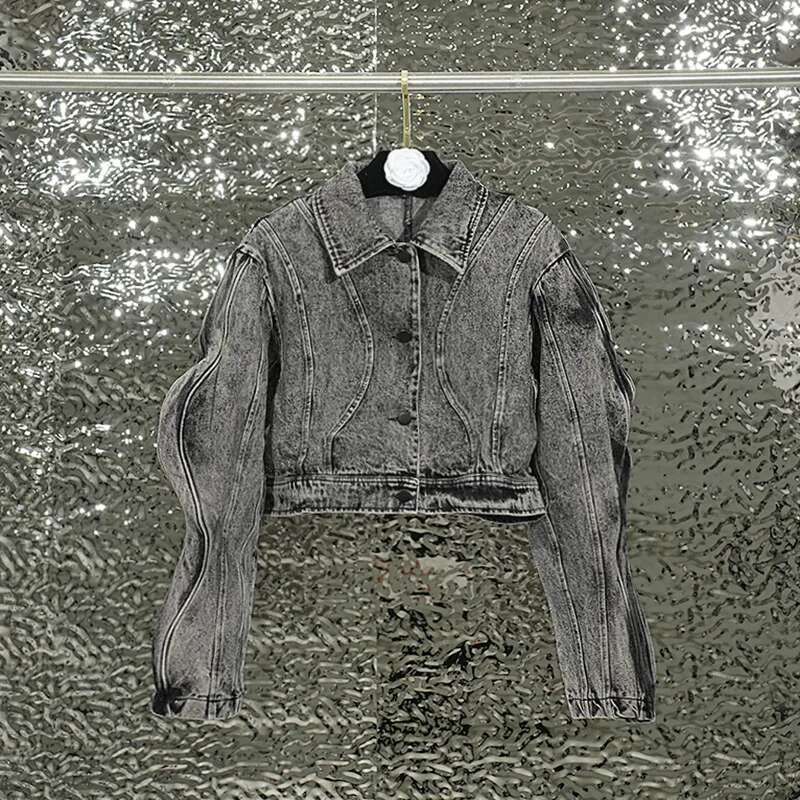 DEAT Fashion Trend Three-dimensional Line Denim Coats For Women High Street Lapel Long Sleeve Jacket Female Spring New 11P038