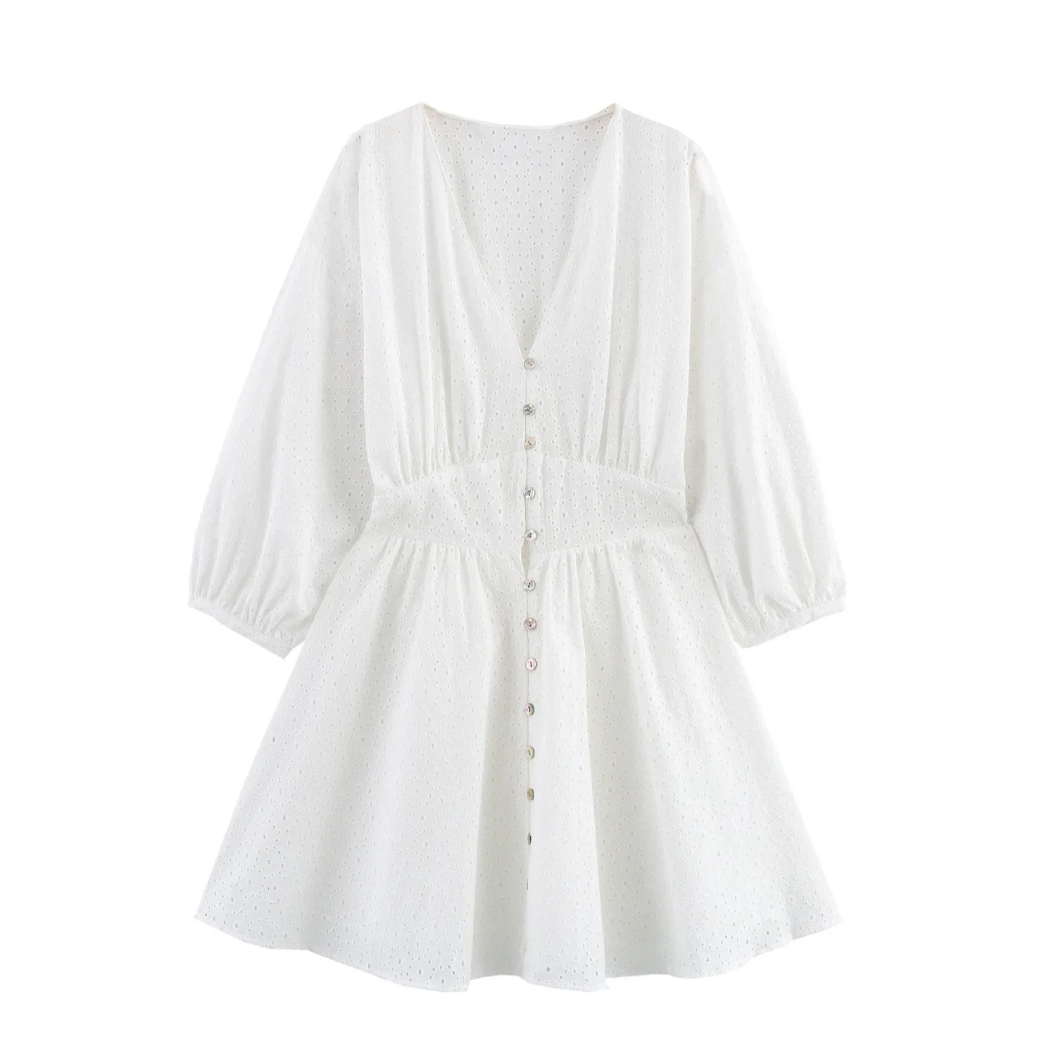 ZBZA Womens Hollow ed Mini Dress Vneck Lantern Sleeve Aline Skirt Spring and Summer Casual Slim Fashion 250513