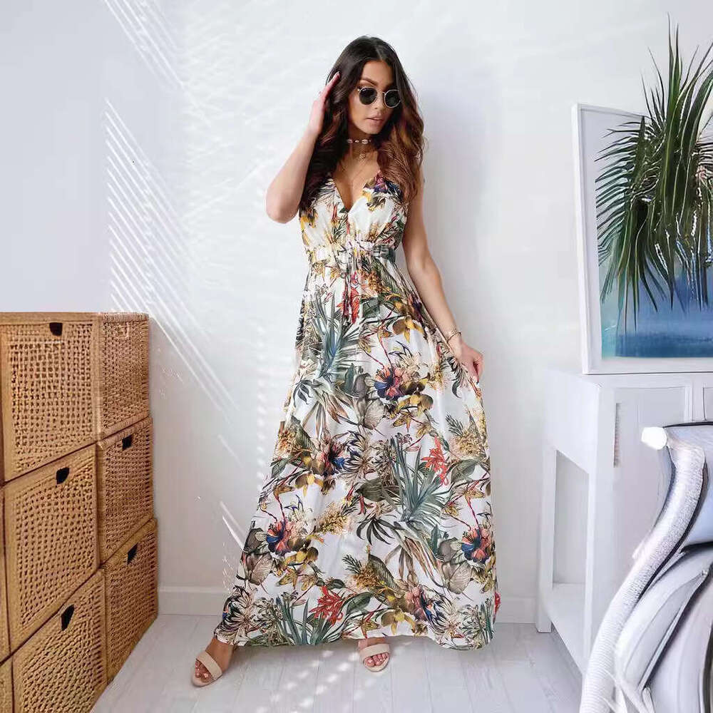 Women Clothes Dress Summer New Print Open Back Strap Dress KQ