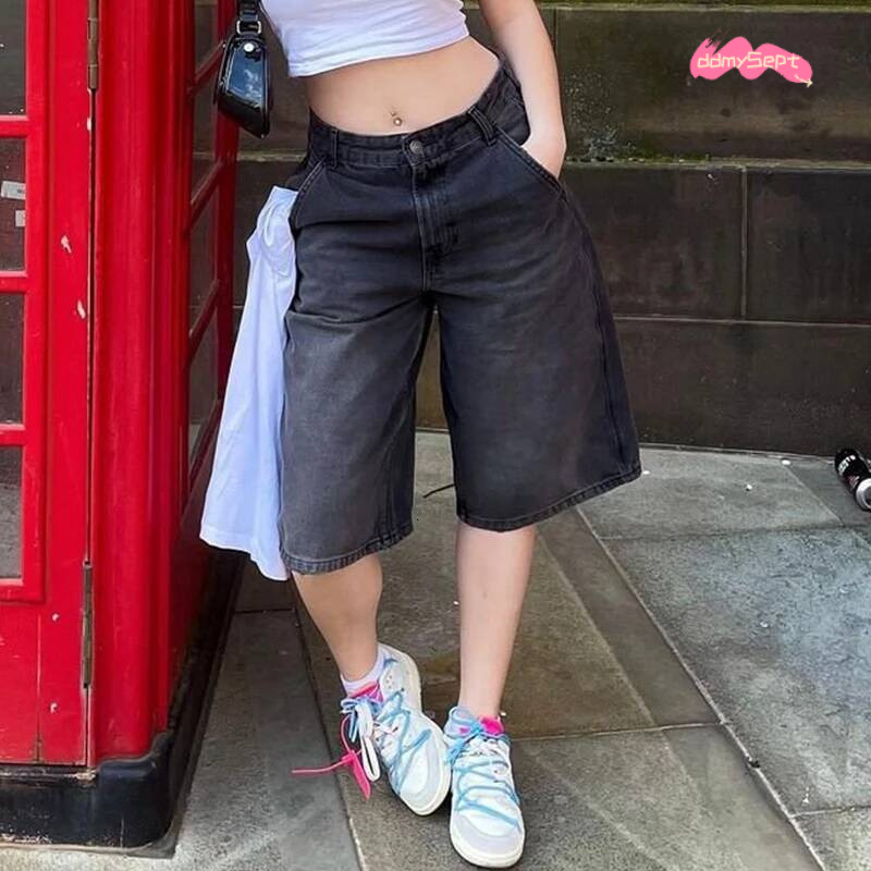 Women Bermuda Denim Shorts Boyfriend Baggy Calf Length Pants Y2k Aesthetic Wide Leg Carpenter Jean American Retro Streetwear ddmysept