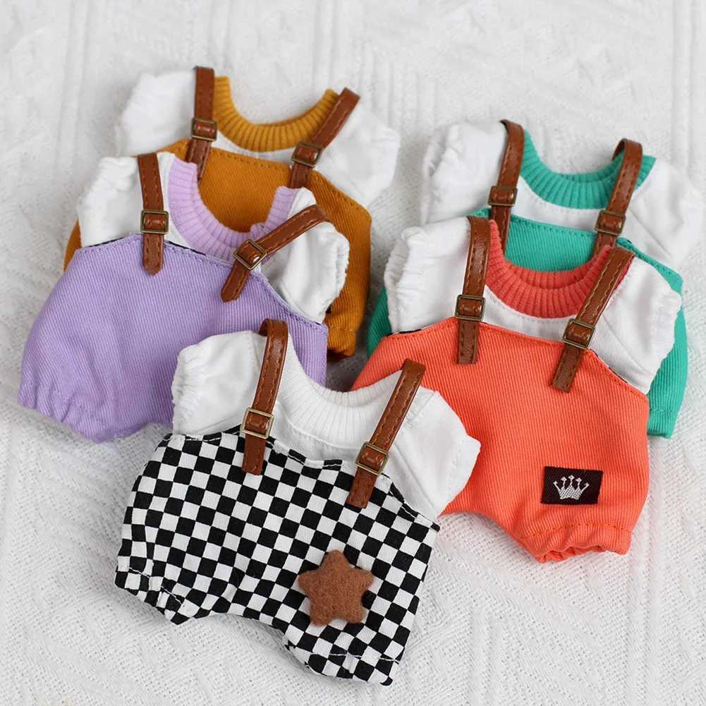 17cm White Doll Clothing Fashion Hoodie Doll Accessories Dopamine Style Checkered Overalls T-shirt Set White ClothingT250513