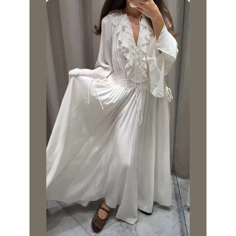 Elegant White Ruffles V-neck Maxi Dress Women Fashion Long flare Sleeve High Waist Loose Vestidos 2025 New Lady Street Dresses