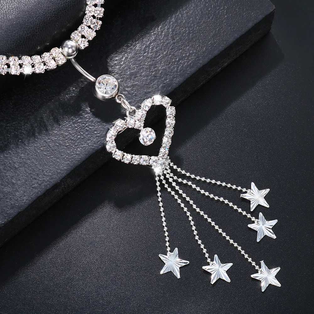 GLAMing Boho Heart Dangle Rhinestone Piercing Navel Chain Belly Button Ring with Waist Chain Women Navel Piercing Body JewelryT250513