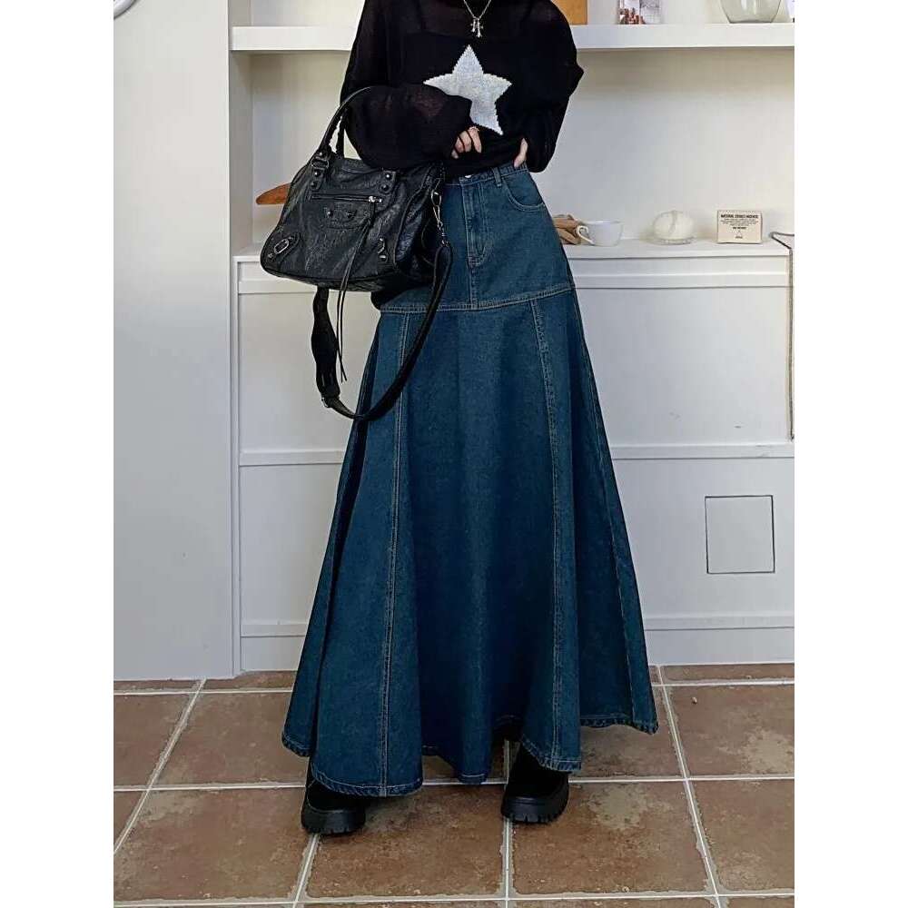 GUUZYUVIZ Long High Waist Versatile Fishtail Denim Skirt Woman