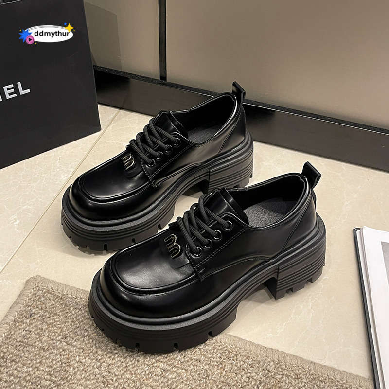 British small leather shoes for women 2025 new style spring and autumn versatile sole height increasing loafers thick heel lace up uniform single shoe
