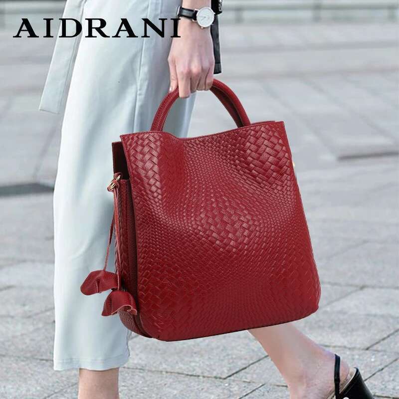 Aidrani Genuine Leather Fashion Women's Handbag Large Capacity Weaving Patterns Cowhide Bag