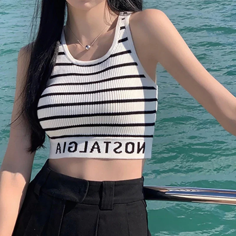 Women Stripes Sexy Slim Crop Top Letter Printed Sports Summer Tank Y2k Sleeveless Street Camis Beach Spring 250513