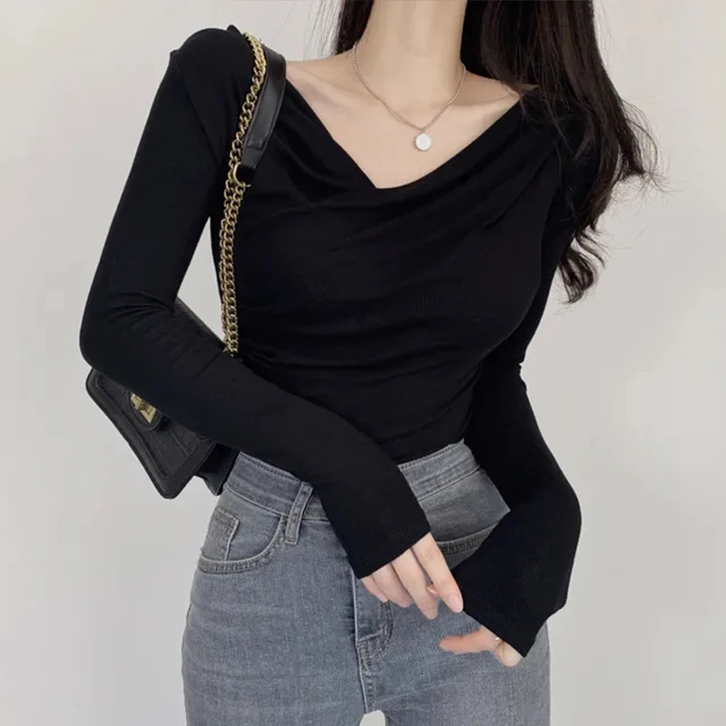V Neck Long Sleeve TShirt Women Summer Slim Casual Top Winter Solid Bottom Shirts Korean 250513
