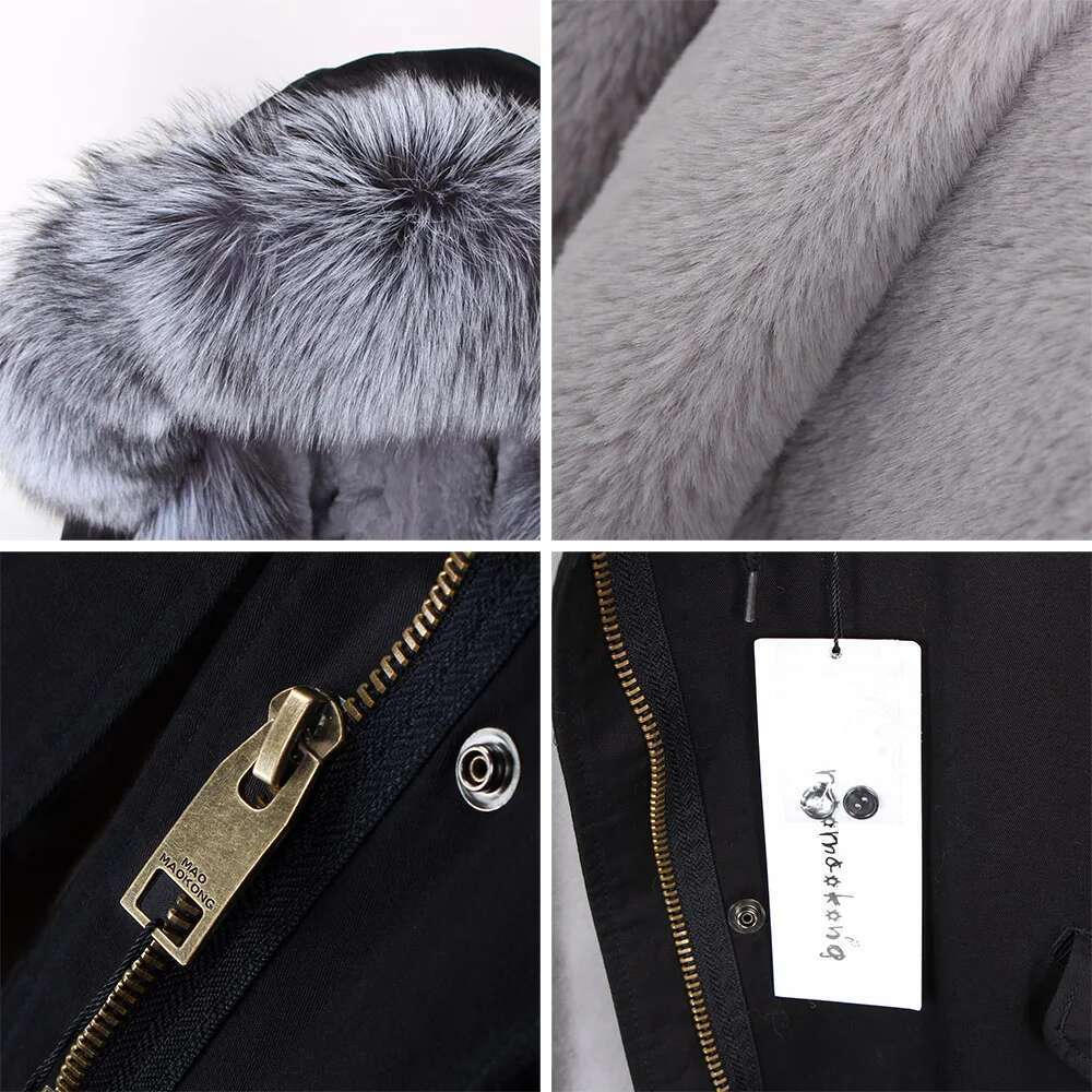 MAOMAOKONG 2024 Winter Women Natural Fox Collar Cuff Black Jackets Outwear Thick Real Parka Women's Fur Coat