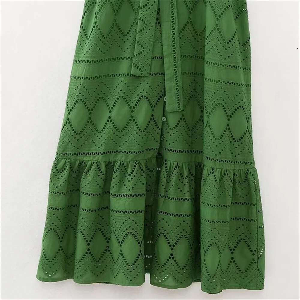 ZAR * Spring/Summer Hot Selling New Women's Waistband Lapel Short Sleeve Hollow out Embroidered Shirt Midi Dress