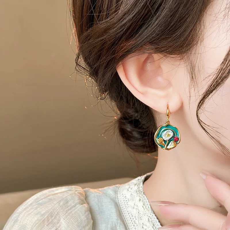 Vintage Oil Painting Style Flower Earrings Fashion Imitations Pearl Geometric Drop Earrings High-End Wedding Jewelry Accessories Y250510