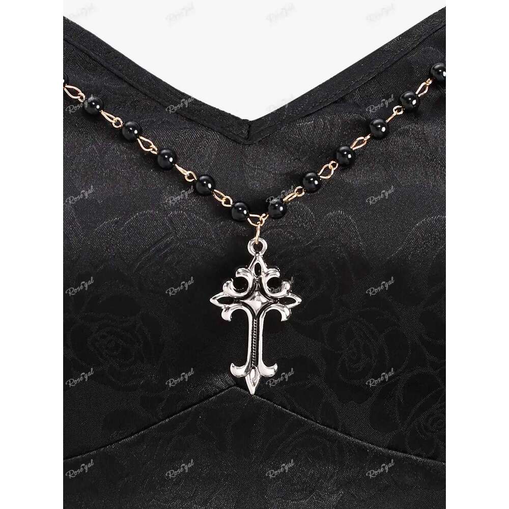 ROSEGAL Plus Size Victorian Gothic Jacquard Grommets Buckle Cross Layered Dresses Women's Punk Sleeveless Party Dress Vestidos