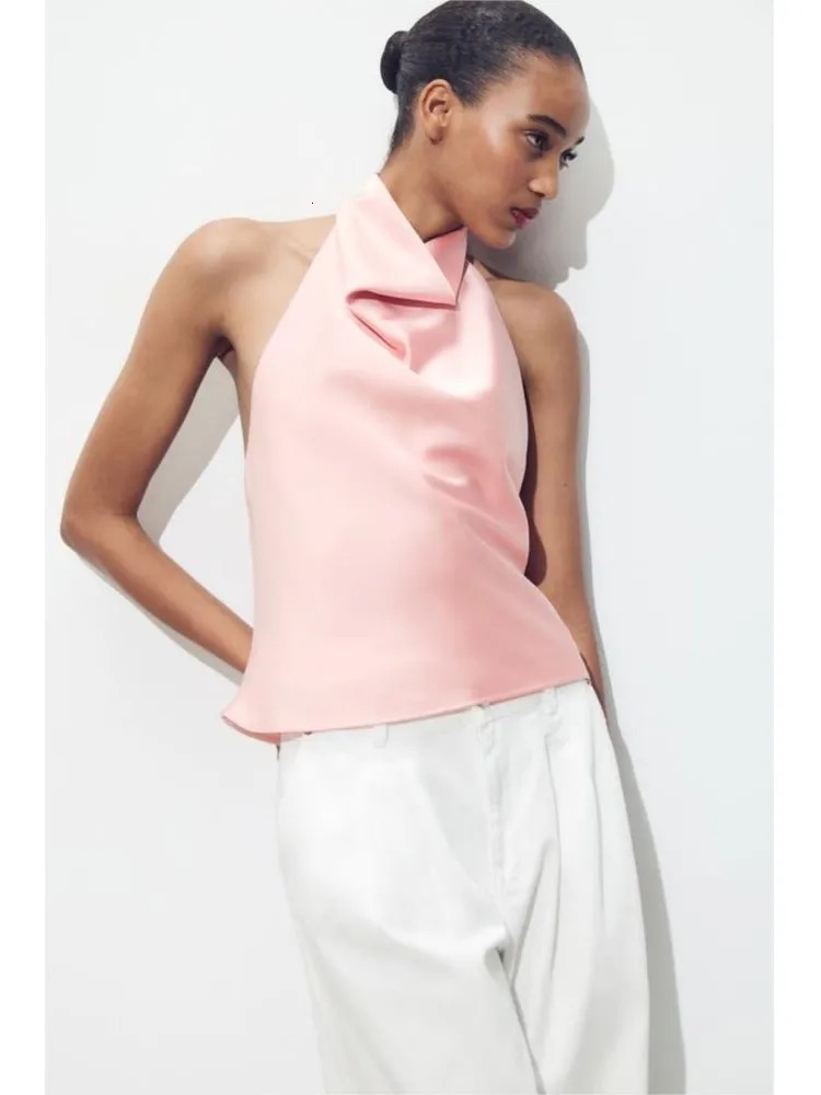 TRAF Satin Halter Top for Women Spring Sexy Hanging Neck Backless Womens Camisole High Street Waistcoat Female Chic Tops 250513