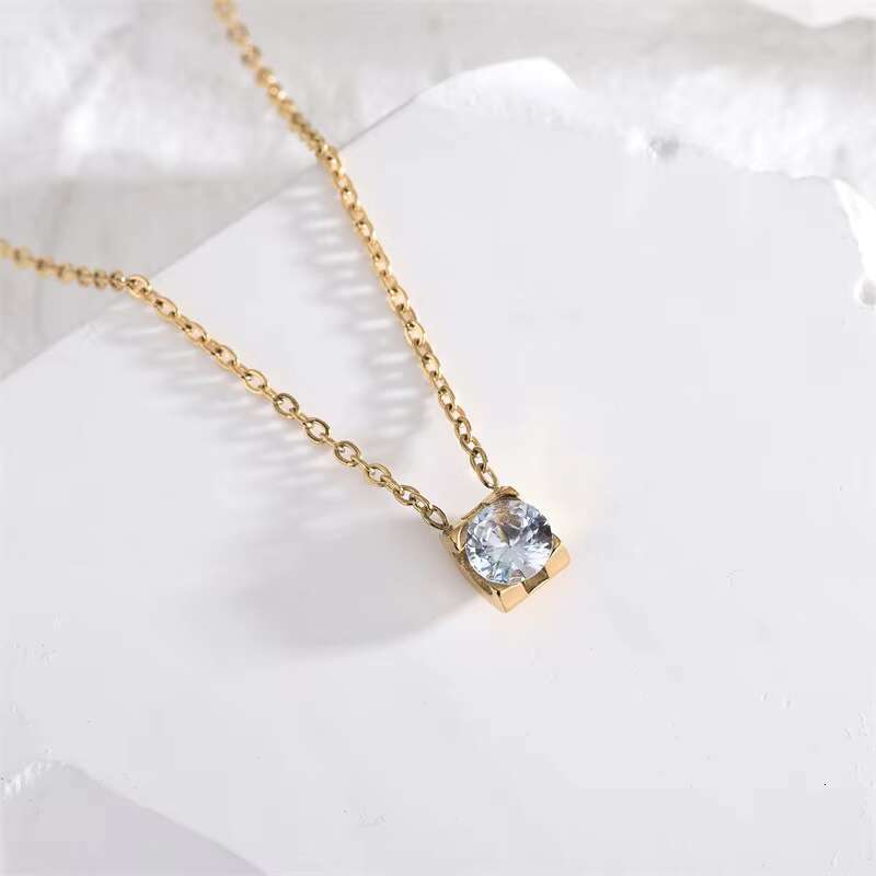 Fashionable, minimalist, classic stainless steel necklace, high-end full set four claw single zircon pendant necklace for women