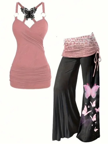 Two piece set of oversized brushed butterfly lace lotus pink patch top tie dye wide leg pants 250506