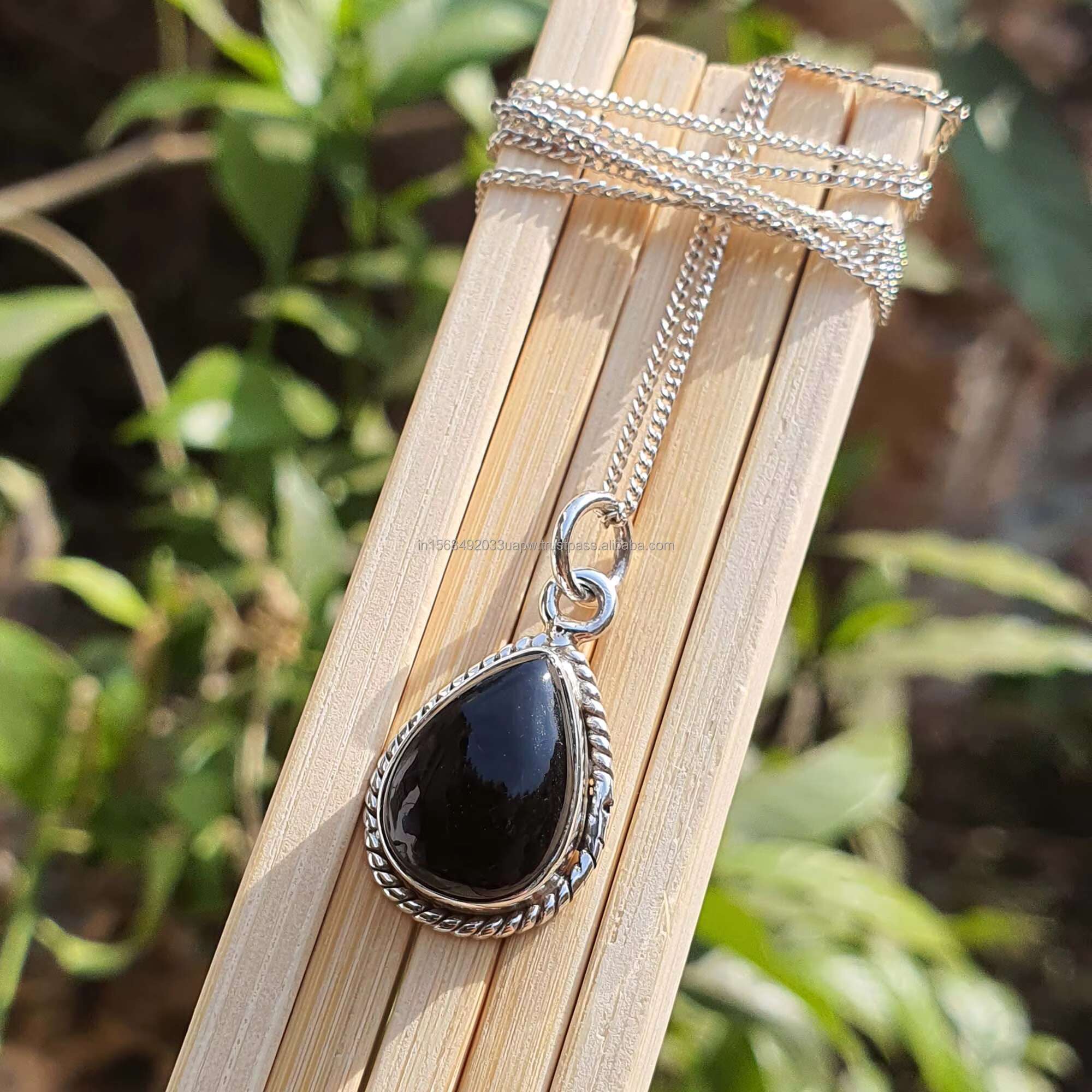 Tear drop black agate pendant paired with pure sier necklace, oxidized Indian men's and women's jewelry necklace
