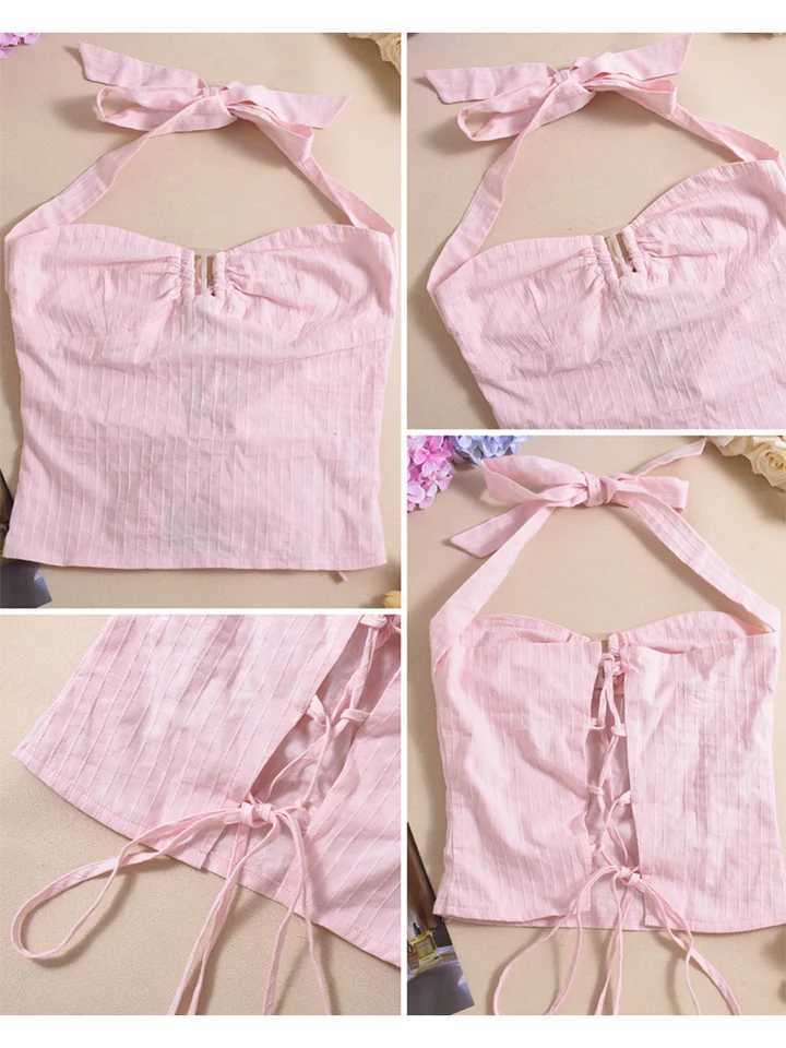 Absobe Stripe Crop Backless Halter Lace-Up Tank Top For Women Woven Solid Color Chic Summer Sleeveless Slim Casual Blouse Vest M250513