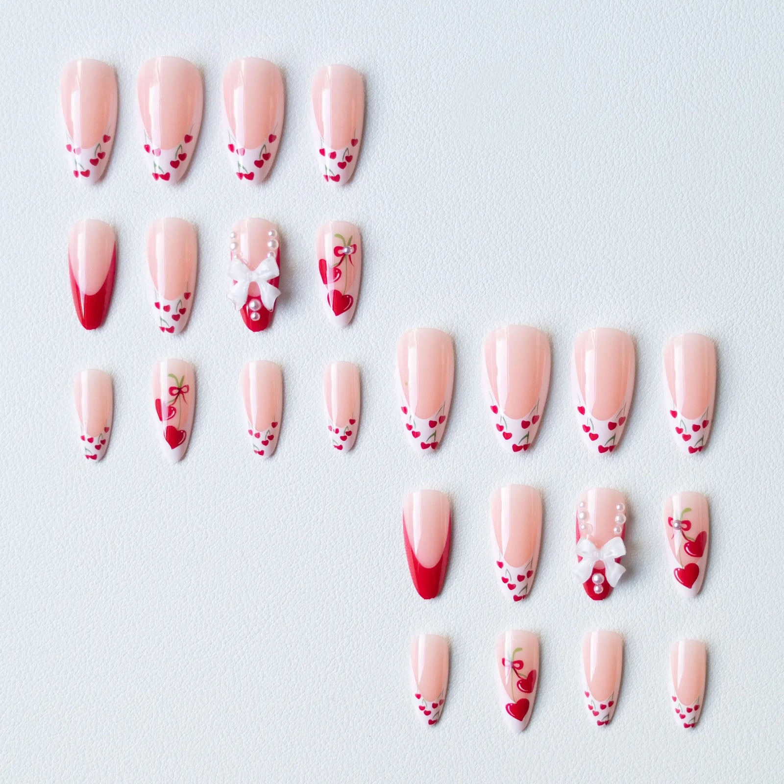 24pcs French Cherry False Nails 3d Bow Pearl Sweet Style Nail Tips Full Cover Wearable Press on Valentines Day Gift 250513