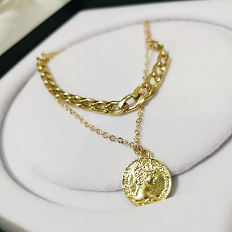 Metallic Coin Portrait Layered Necklace, Bold Chunky Choker, Trendy European & American Style for Women