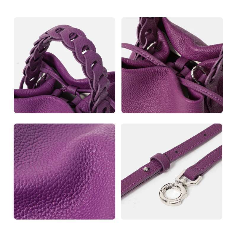 elegant hand carried Genuine leather single shoulder crossbody first-layer cowhide bucket bag for commuting lychee pattern