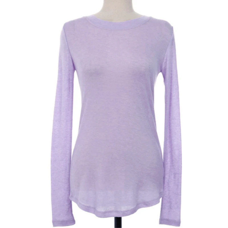 High Quality Plain T Shirt Women Cotton Elastic Basic Tshirt Female Casual Tops Long Sleeve Sexy Thin See Through 250513