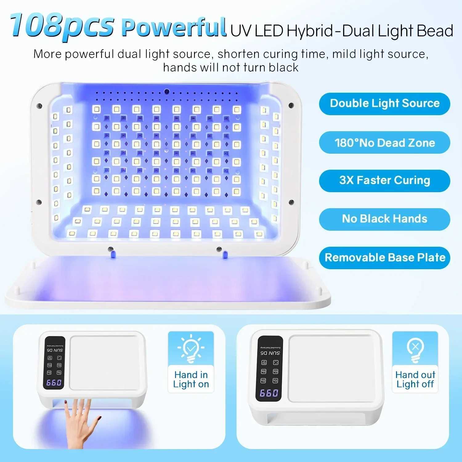 480W UV LED Lamp for Nails 08 LEDs Nail Dryer with Red Light Whitening Mode Large Space Manicure Lamp 4 Timer Settings W250513