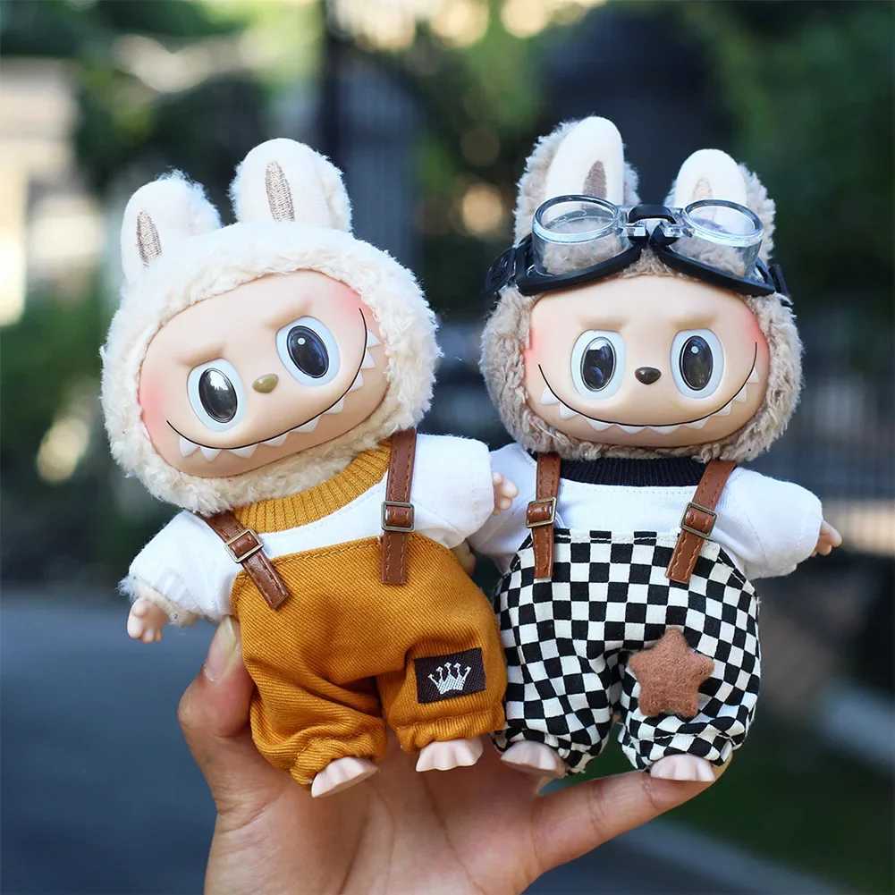 17cm White Doll Clothing Fashion Hoodie Doll Accessories Dopamine Style Checkered Overalls T-shirt Set White ClothingT250513