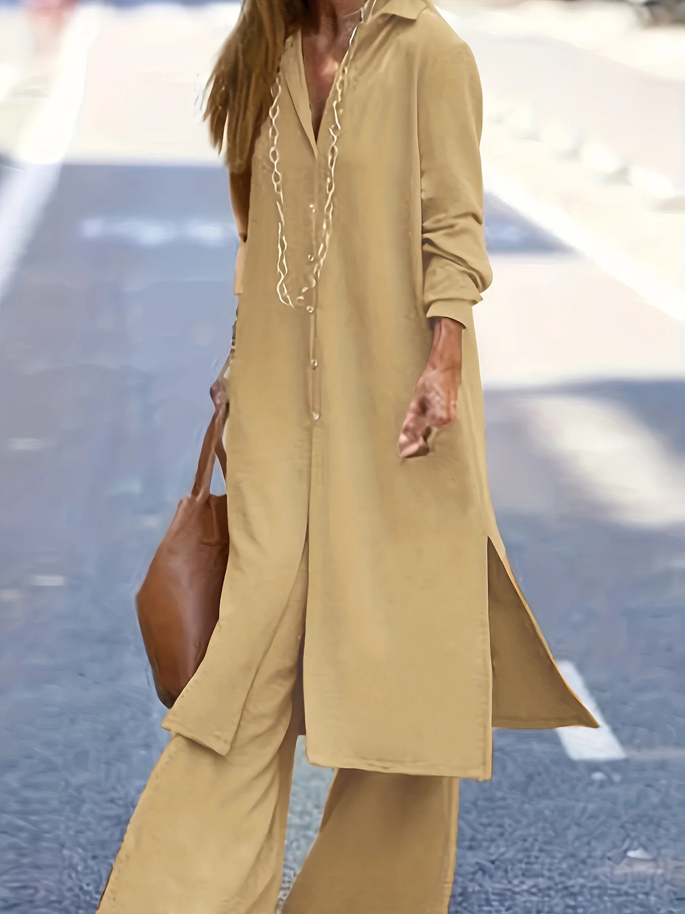 Plus size casual set womens solid long sleeved button up collar split shirt and pants 2piece 250506