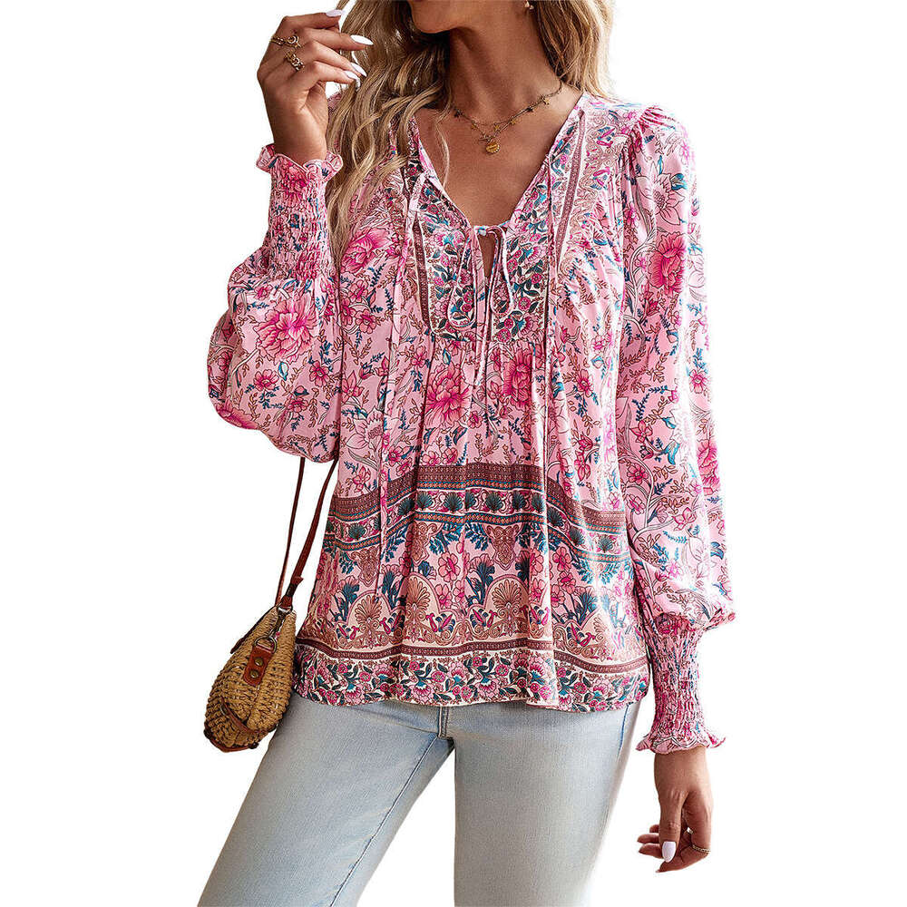 Kaikuo Europe and America European Station Printed Shirt for Women Autumn Style V-neck Long sleeved Top 2025 New Casual Fashion Trendy Clothing